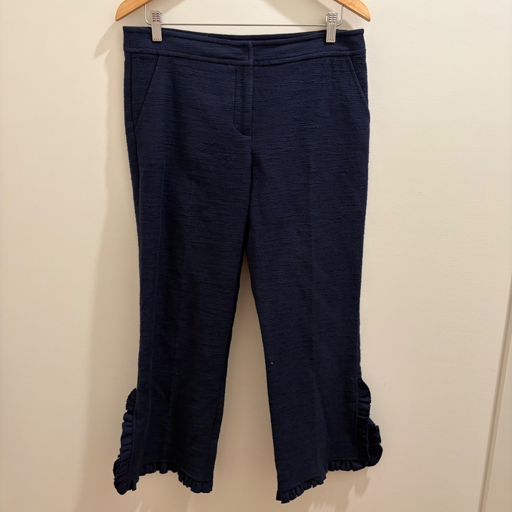 Trina Turk Navy Blue Textured Ruffle Hem Cropped Trousers Pants Size 8 USA